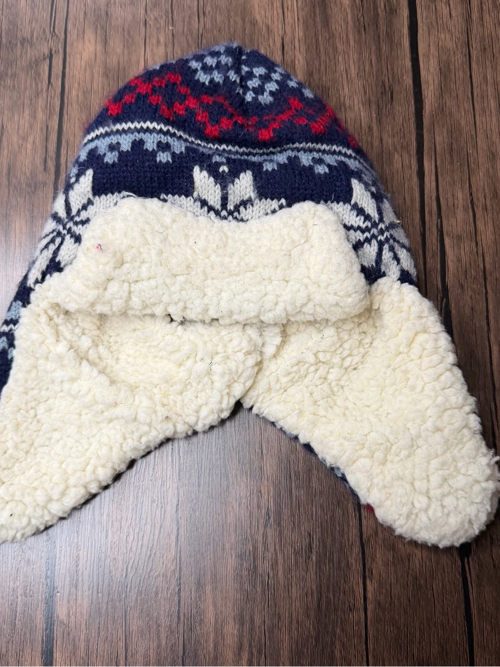 Kids Sherpa-Lined Knit Trapper Hat - Navy, Red, Cream